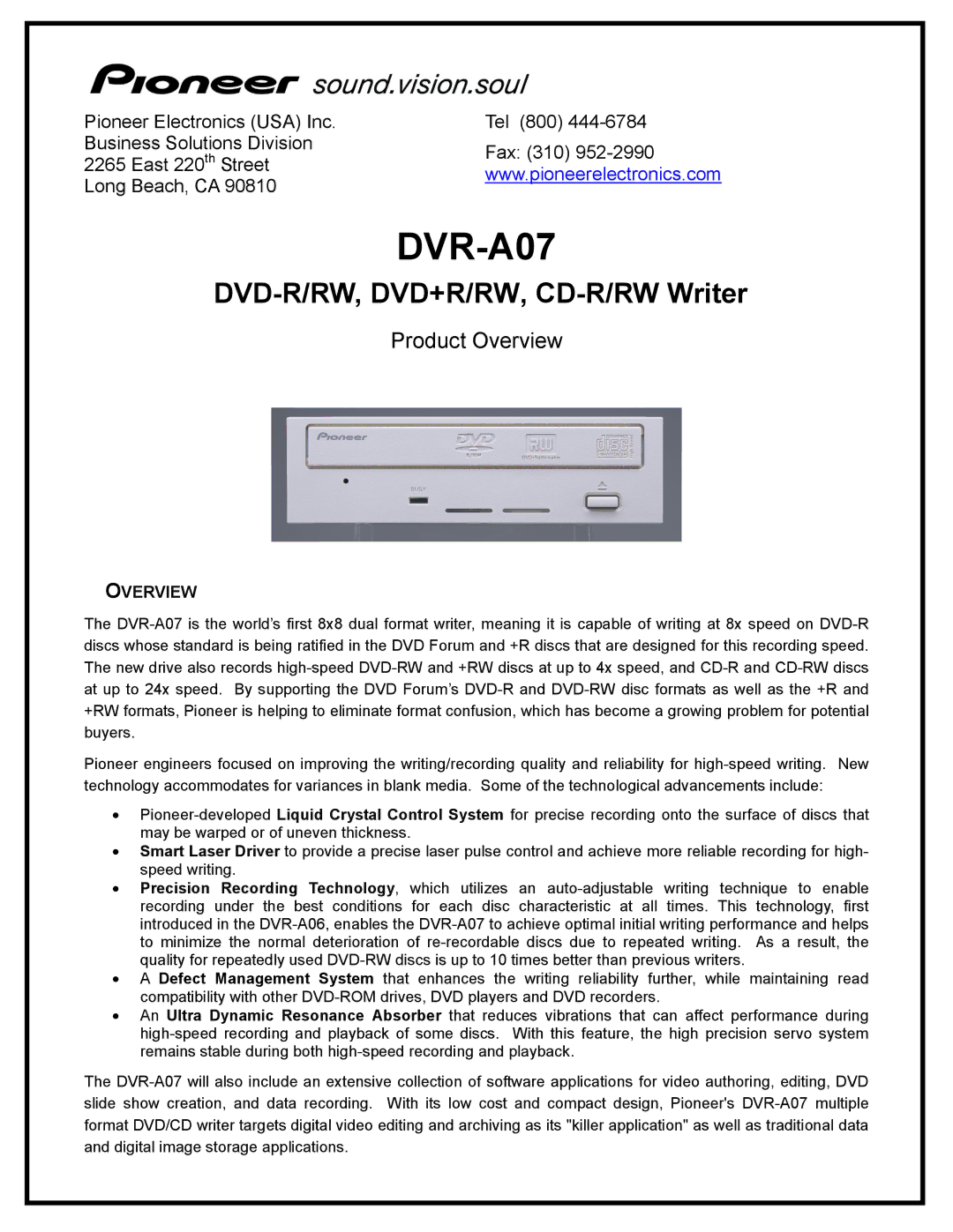 Pioneer DVR-107 manual DVR-A07, DVD-R/RW, DVD+R/RW, CD-R/RW Writer, Product Overview 