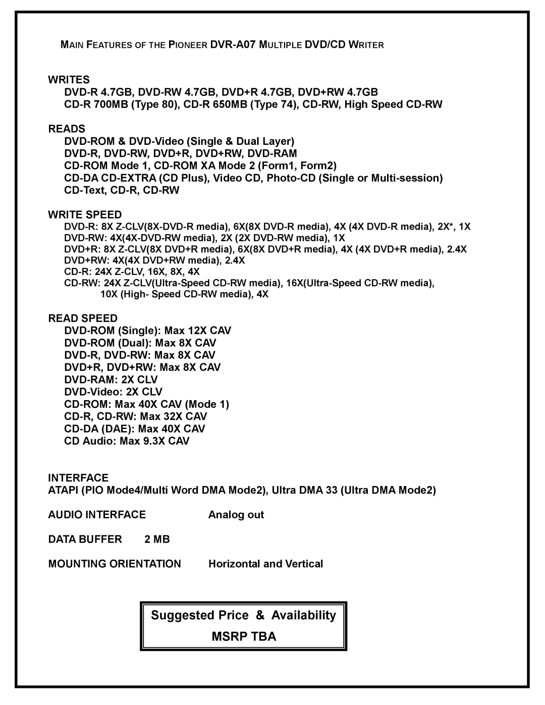 Pioneer DVR-A07, DVR-107 manual Writes, Reads, Write Speed, Read Speed, DVD-RAM 2X CLV, Audio Interface 