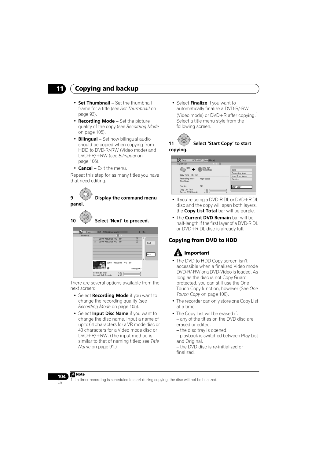 Pioneer DVR-LX60D manual Copying from DVD to HDD 