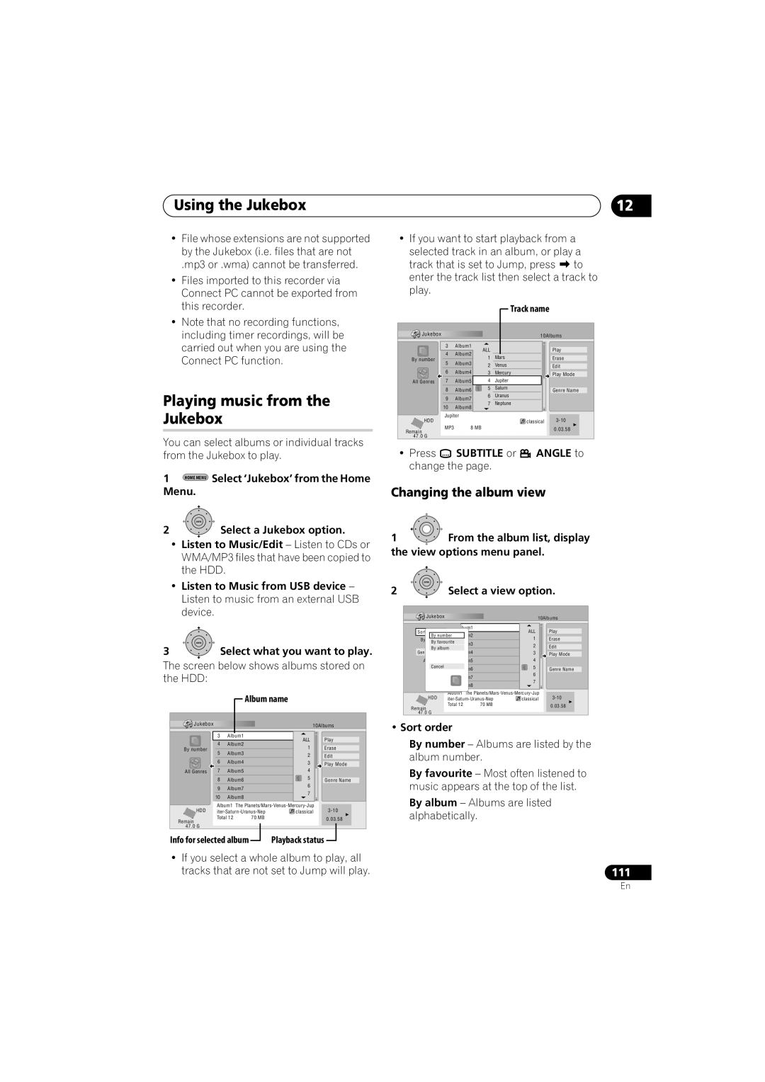 Pioneer DVR-LX60D manual Playing music from the Jukebox, Changing the album view 