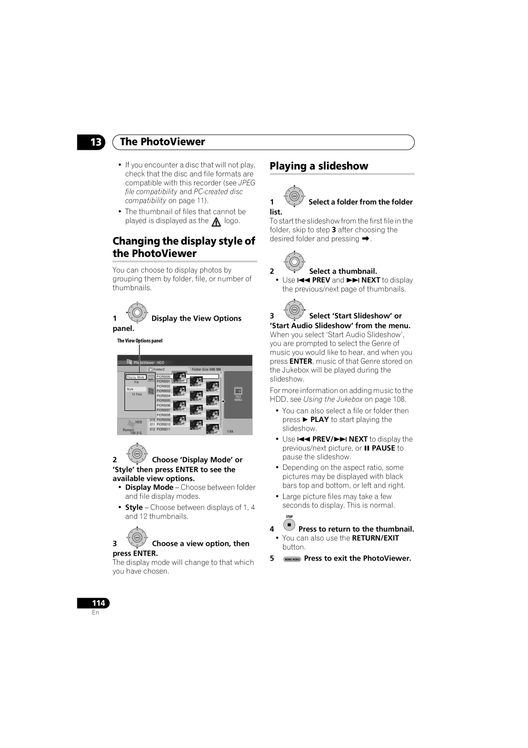 Pioneer DVR-LX60D manual Changing the display style of the PhotoViewer, Playing a slideshow 