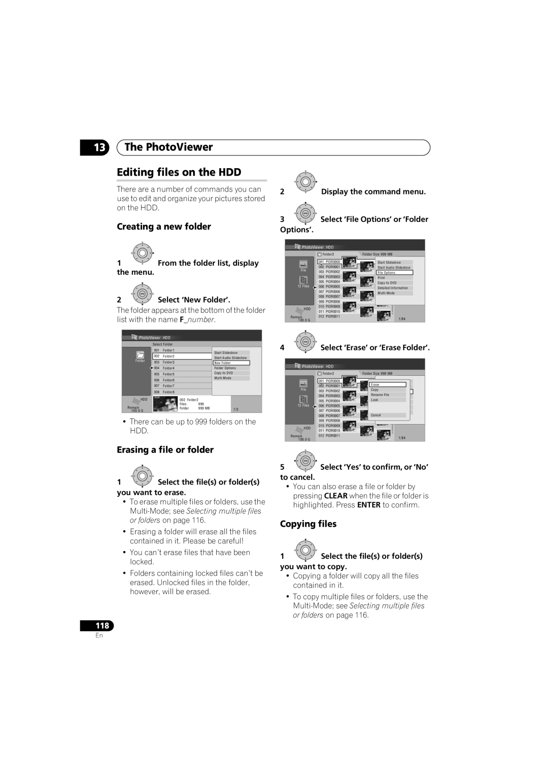 Pioneer DVR-LX60D PhotoViewer Editing files on the HDD, Creating a new folder, Erasing a file or folder, Copying files 