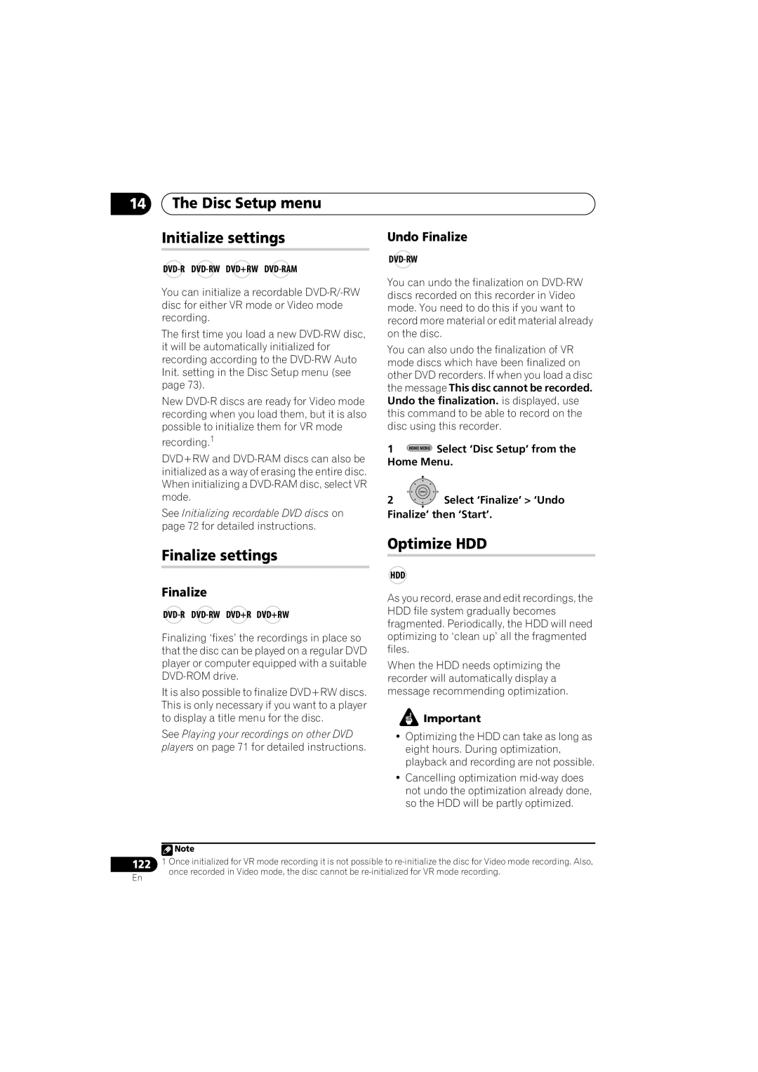 Pioneer DVR-LX60D manual Disc Setup menu Initialize settings, Finalize settings, Optimize HDD, Undo Finalize 