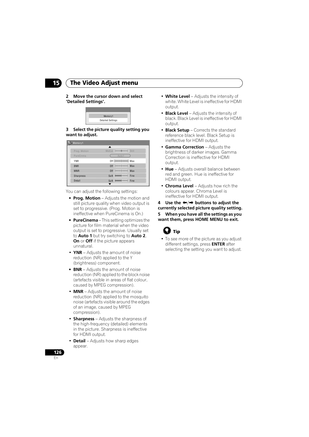 Pioneer DVR-LX60D manual Move the cursor down and select ‘Detailed Settings’, Gamma Correction Adjusts 