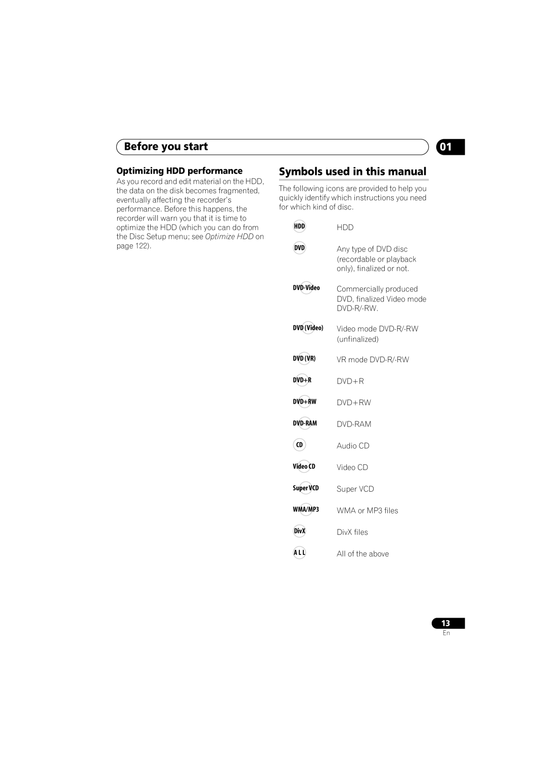 Pioneer DVR-LX60D Symbols used in this manual, Optimizing HDD performance 