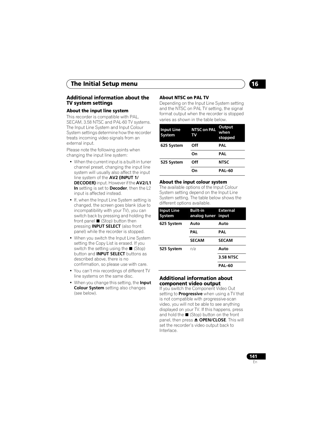 Pioneer DVR-LX60D Additional information about the TV system settings, Additional information about component video output 