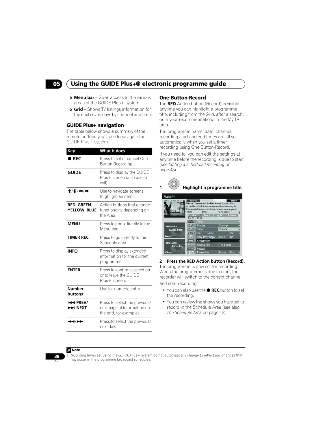 Pioneer DVR-LX60D manual Using the Guide Plus+ electronic programme guide, Guide Plus+ navigation, One-Button-Record 