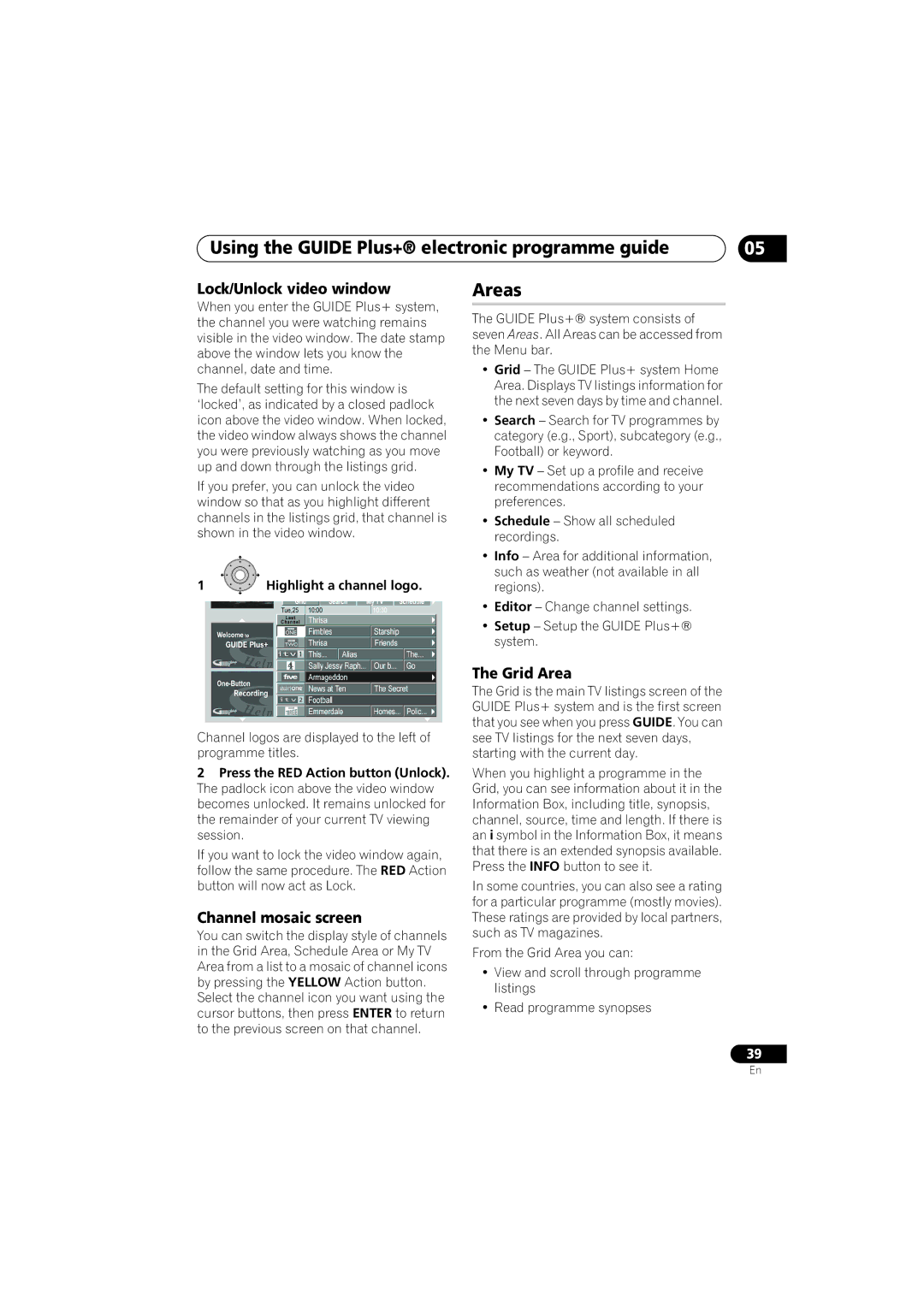 Pioneer DVR-LX60D manual Areas, Lock/Unlock video window, Channel mosaic screen, Grid Area, Highlight a channel logo 