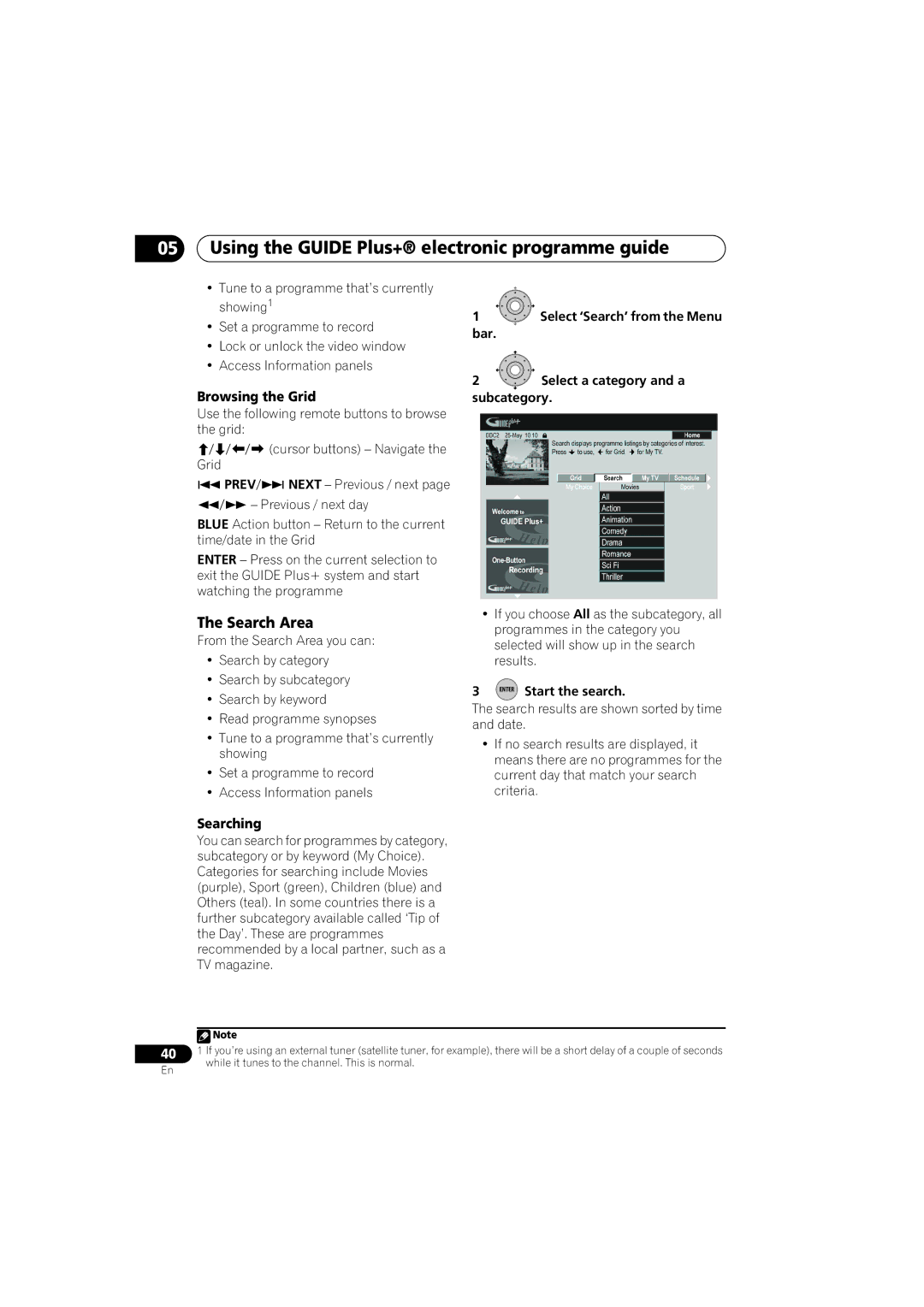 Pioneer DVR-LX60D manual Search Area, Browsing the Grid, Searching, Next Previous / next, Enter Start the search 