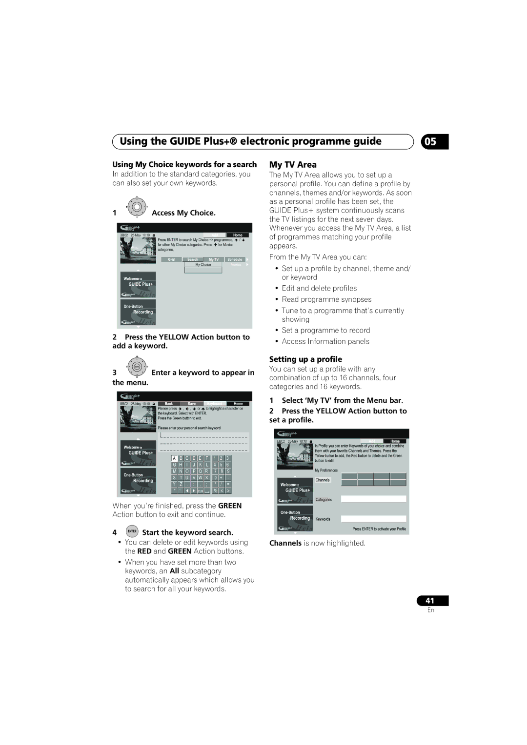 Pioneer DVR-LX60D manual My TV Area, Using My Choice keywords for a search, Setting up a profile 