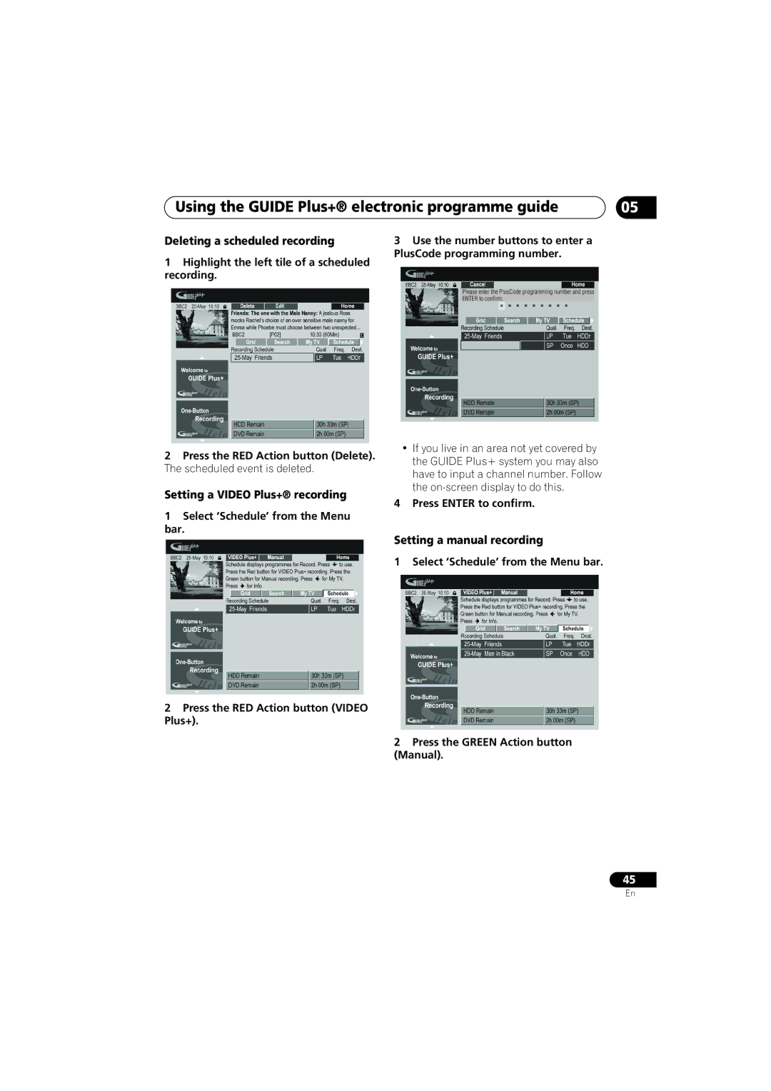 Pioneer DVR-LX60D Deleting a scheduled recording, Setting a Video Plus+ recording, Setting a manual recording 