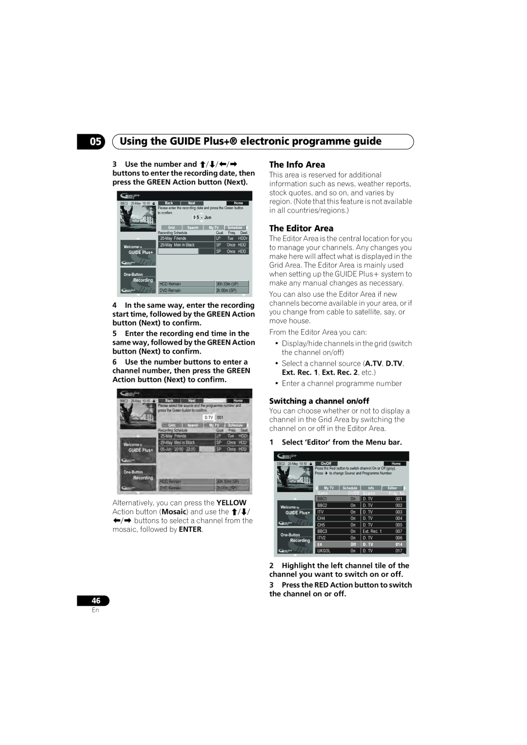 Pioneer DVR-LX60D Info Area, Editor Area, Switching a channel on/off, Use the number, Select ‘Editor’ from the Menu bar 