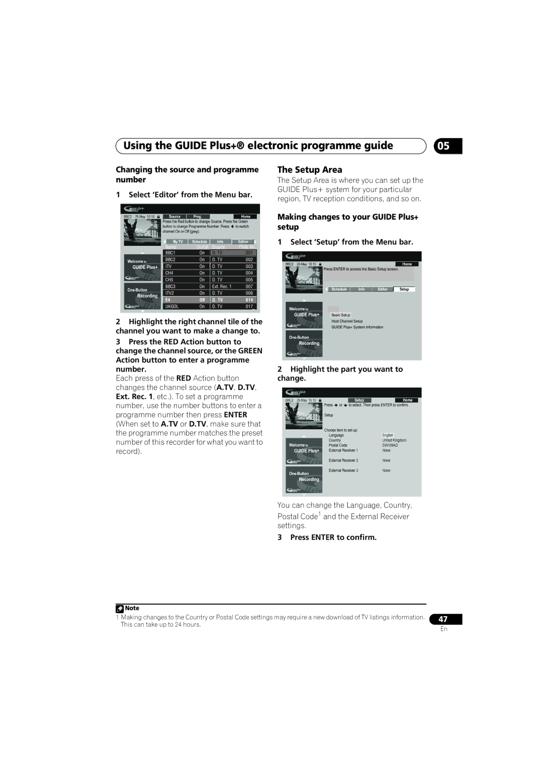 Pioneer DVR-LX60D manual Setup Area, Changing the source and programme number, Making changes to your Guide Plus+ setup 