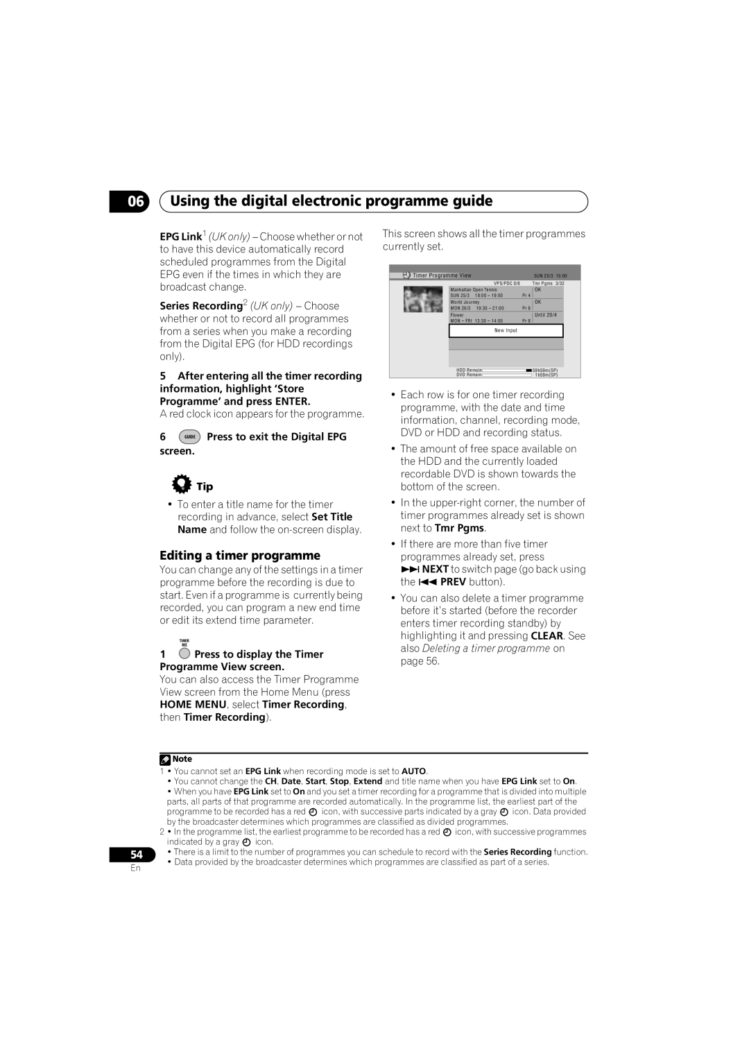 Pioneer DVR-LX60D manual Editing a timer programme, Red clock icon appears for the programme, Screen Tip 