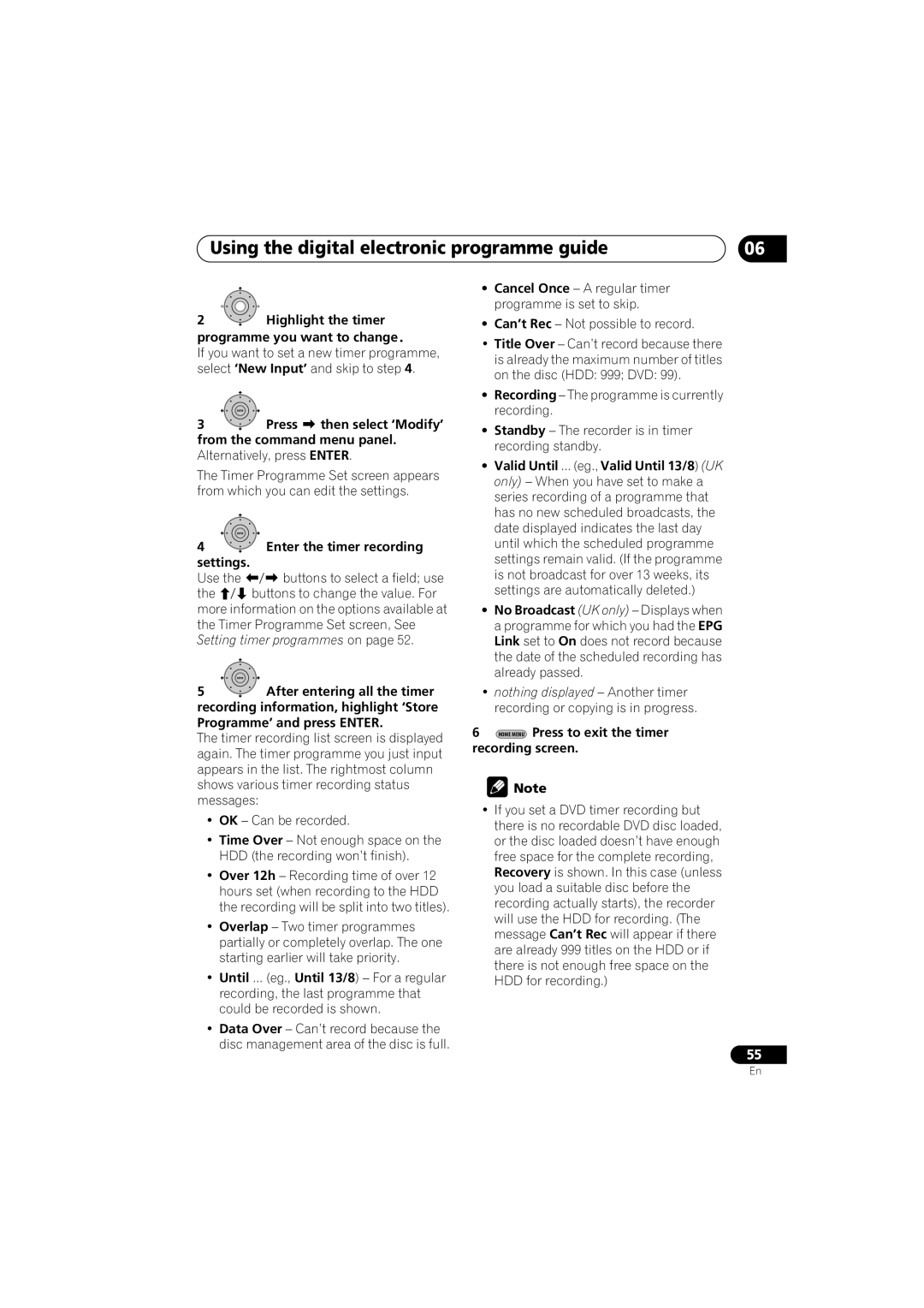 Pioneer DVR-LX60D manual Highlight the timer programme you want to change, Press to exit the timer recording screen 