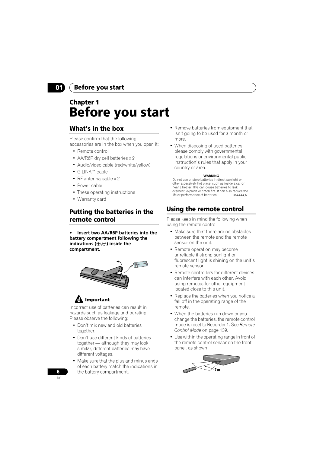 Pioneer DVR-LX60D manual Before you start Chapter, What’s in the box, Putting the batteries in the remote control 