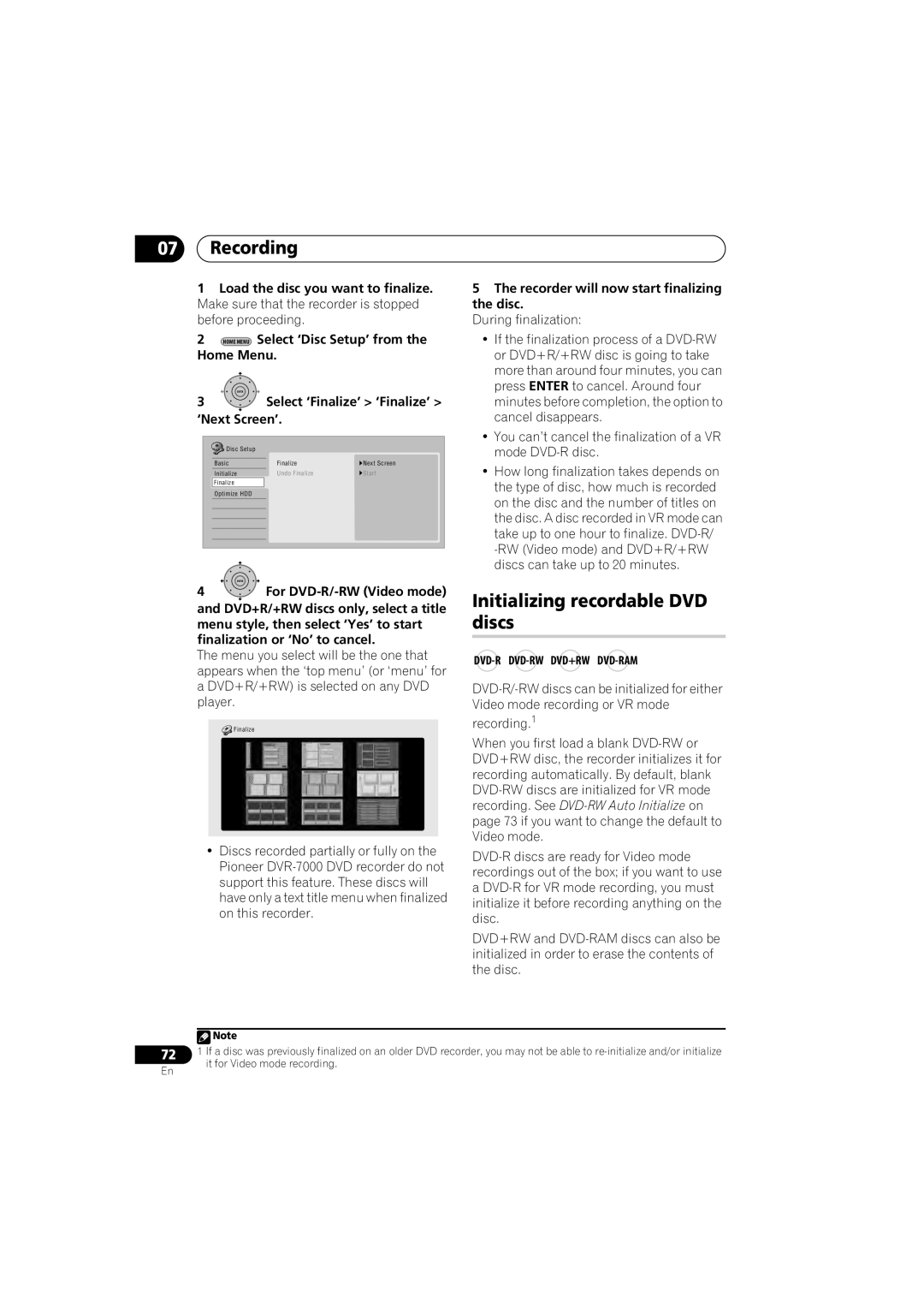 Pioneer DVR-LX60D manual Initializing recordable DVD, Discs, Dvd-R Dvd-Rw Dvd+Rw Dvd-Ram 