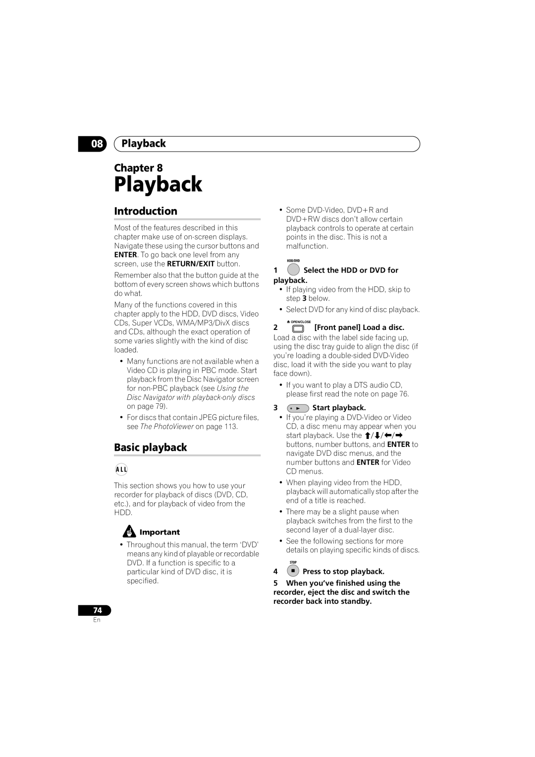 Pioneer DVR-LX60D manual Playback Chapter, Introduction, Basic playback 