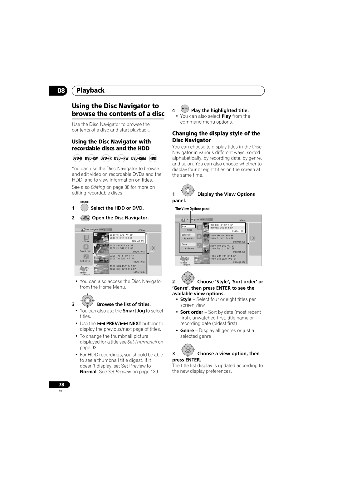 Pioneer DVR-LX60D manual Using the Disc Navigator to browse the contents of a disc 