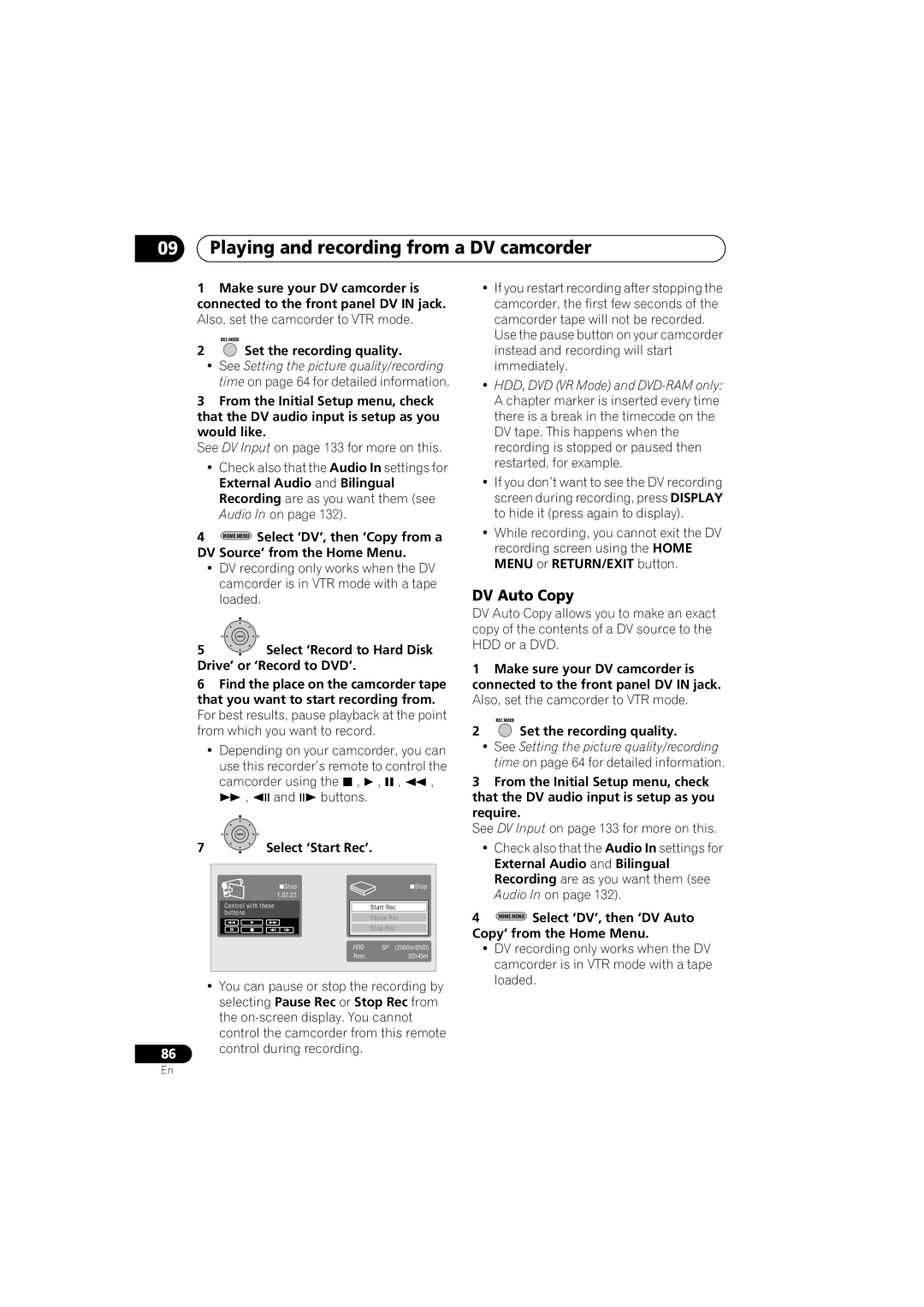 Pioneer DVR-LX60D manual Playing and recording from a DV camcorder, DV Auto Copy, Select ‘Start Rec’ 