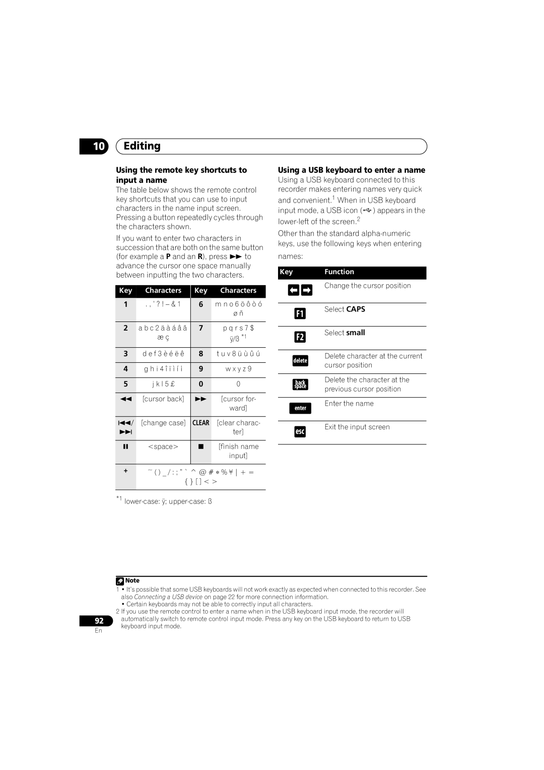 Pioneer DVR-LX60D Using the remote key shortcuts to input a name, Using a USB keyboard to enter a name, Key Characters 