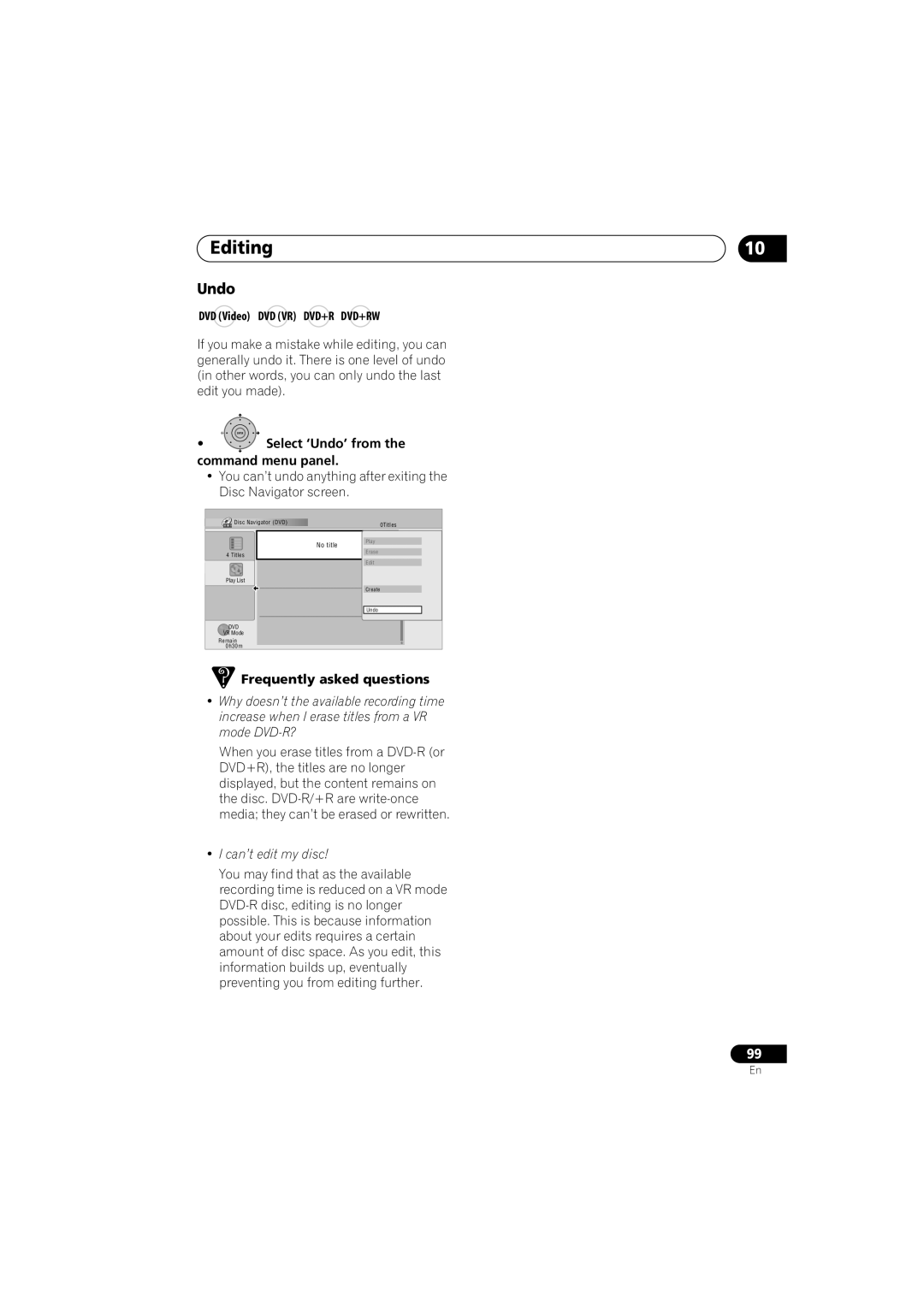 Pioneer DVR-LX60D manual DVD Video DVD VR DVD+R DVD+RW, Select ‘Undo’ from Command menu panel, Can’t edit my disc 