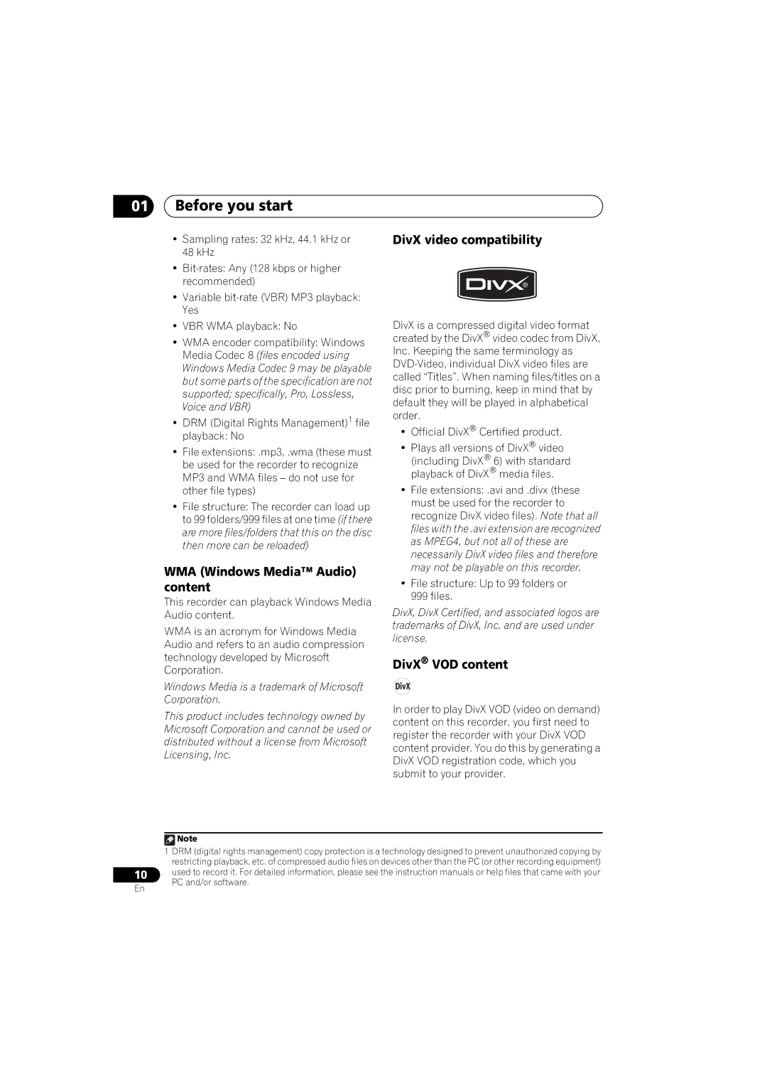 Pioneer DVR-LX70 manual WMA Windows Media Audio content, DivX video compatibility, DivX VOD content 