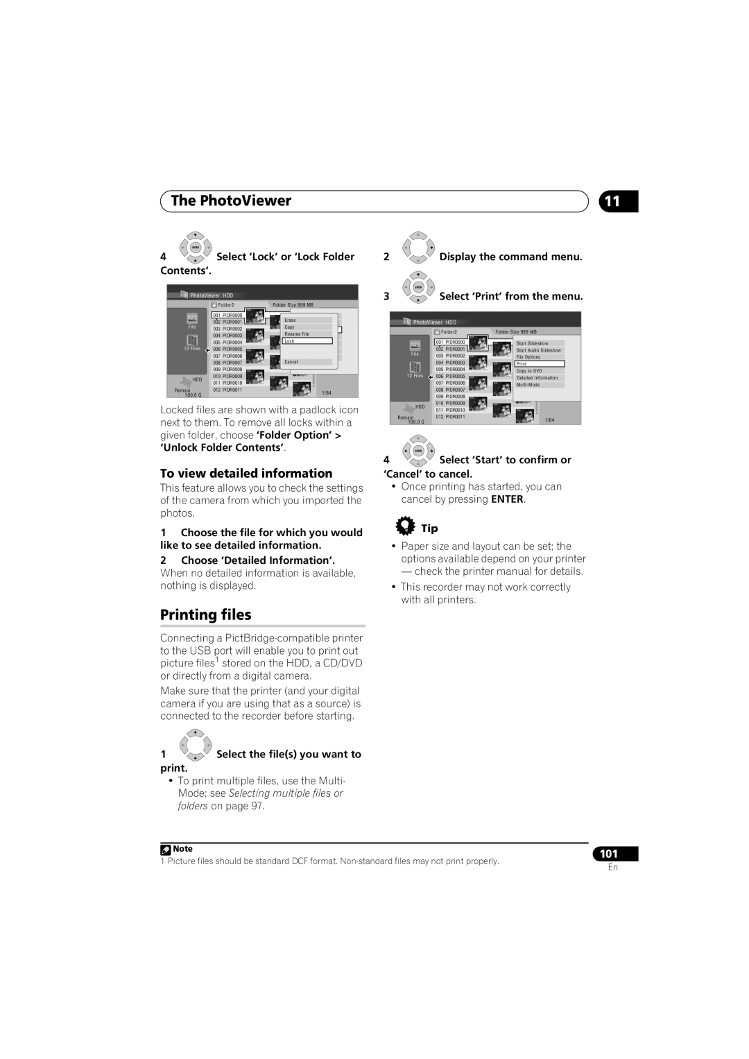 Pioneer DVR-LX70 manual Printing files, To view detailed information, Select ‘Print’ from the menu 