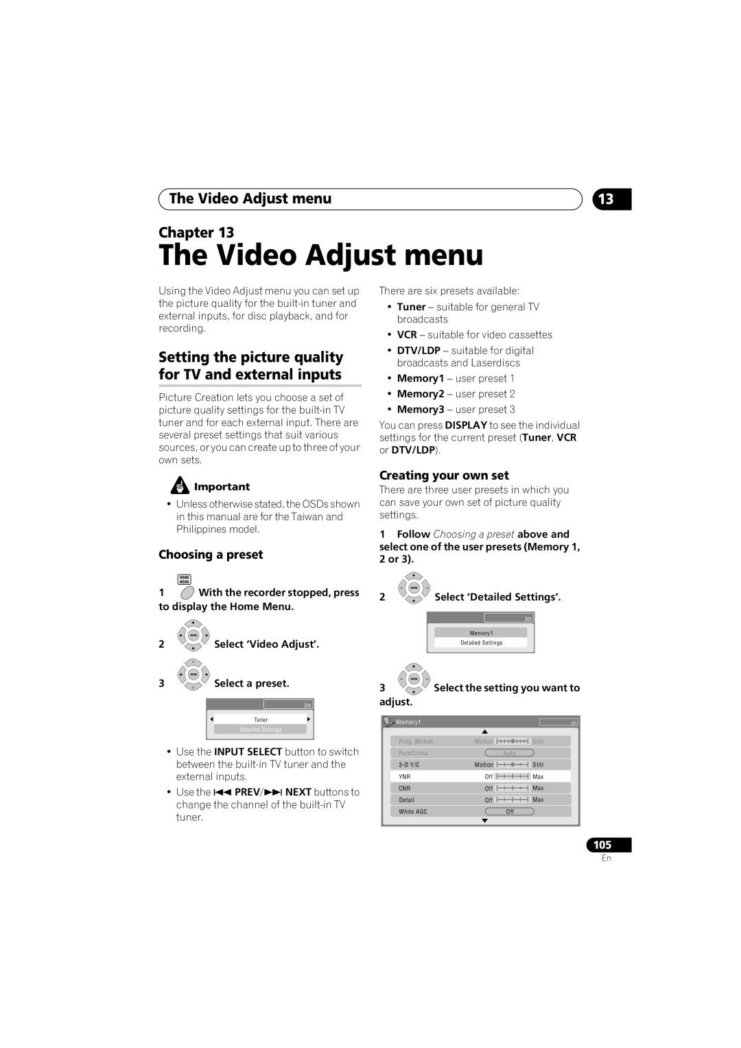 Pioneer DVR-LX70 Video Adjust menu Chapter, Setting the picture quality for TV and external inputs, Choosing a preset 