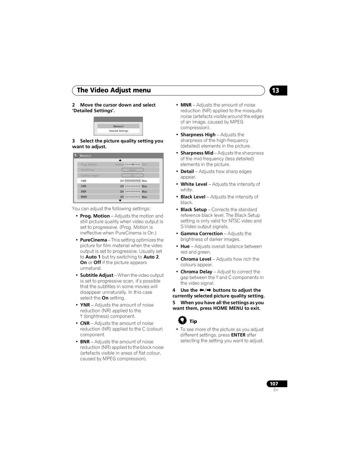 Pioneer DVR-LX70 manual Move the cursor down and select ‘Detailed Settings’, Gamma Correction Adjusts 