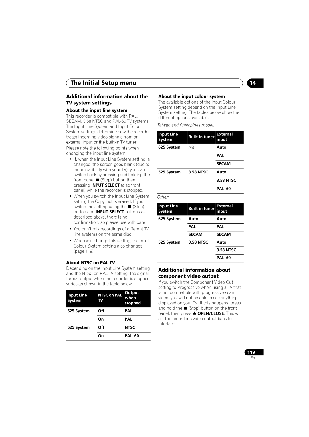 Pioneer DVR-LX70 Additional information about the TV system settings, Additional information about component video output 