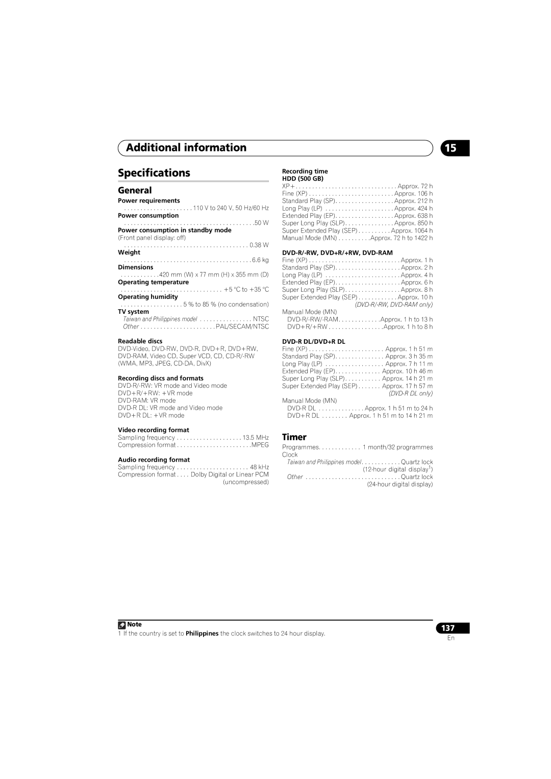 Pioneer DVR-LX70 manual Additional information Specifications, Timer 