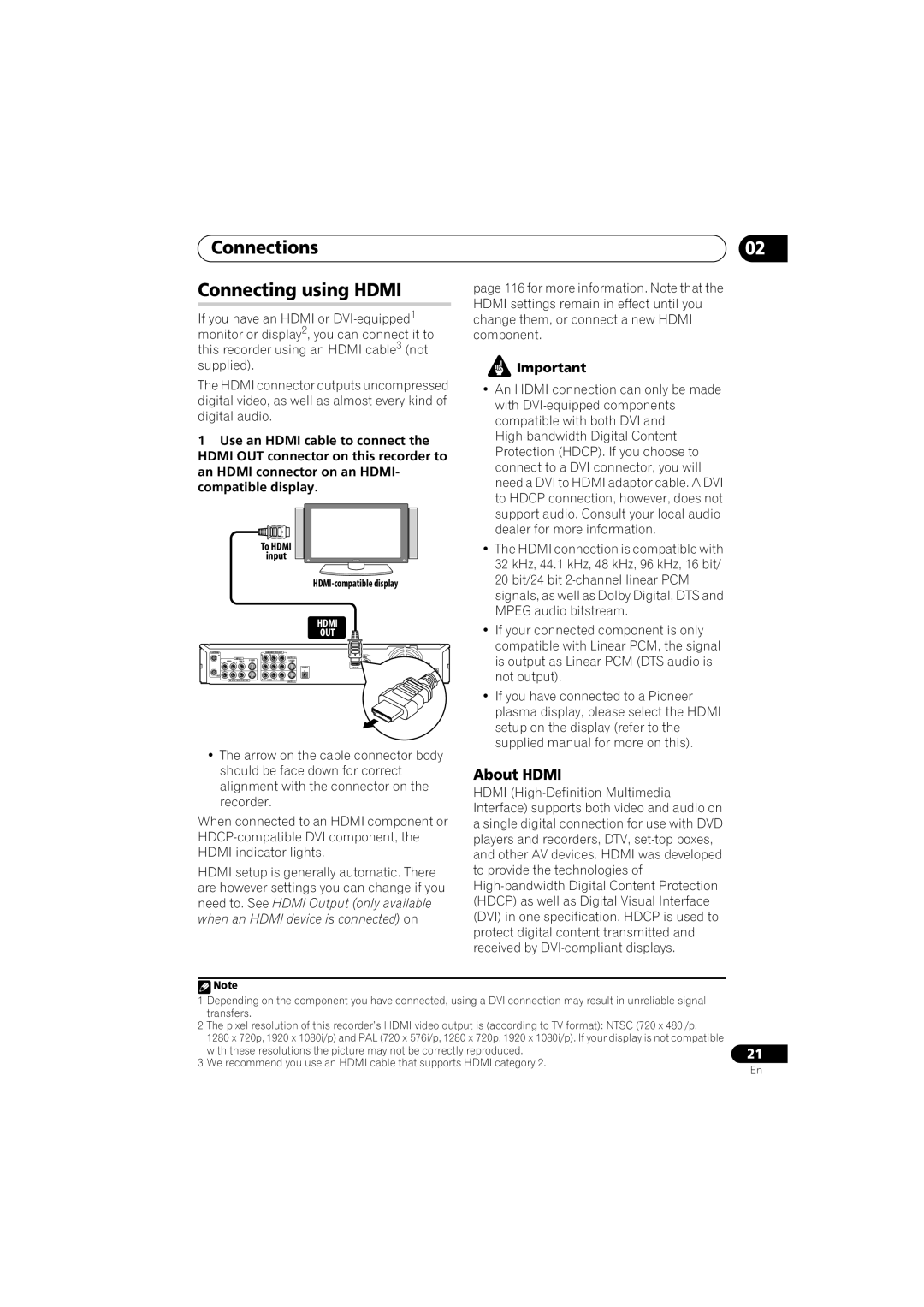 Pioneer DVR-LX70 manual Connections Connecting using Hdmi, About Hdmi 