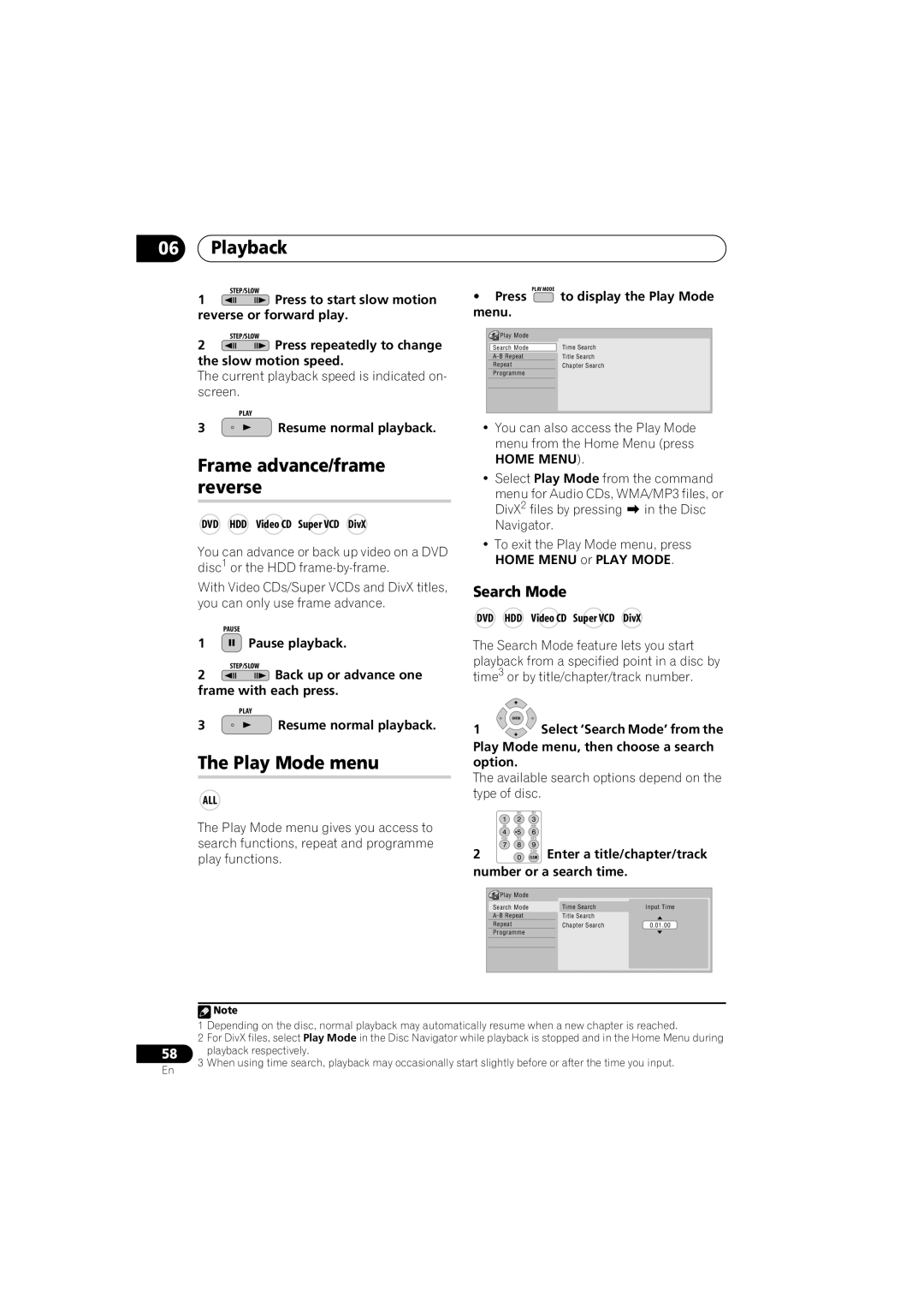 Pioneer DVR-LX70 manual Frame advance/frame reverse, Play Mode menu, Search Mode 