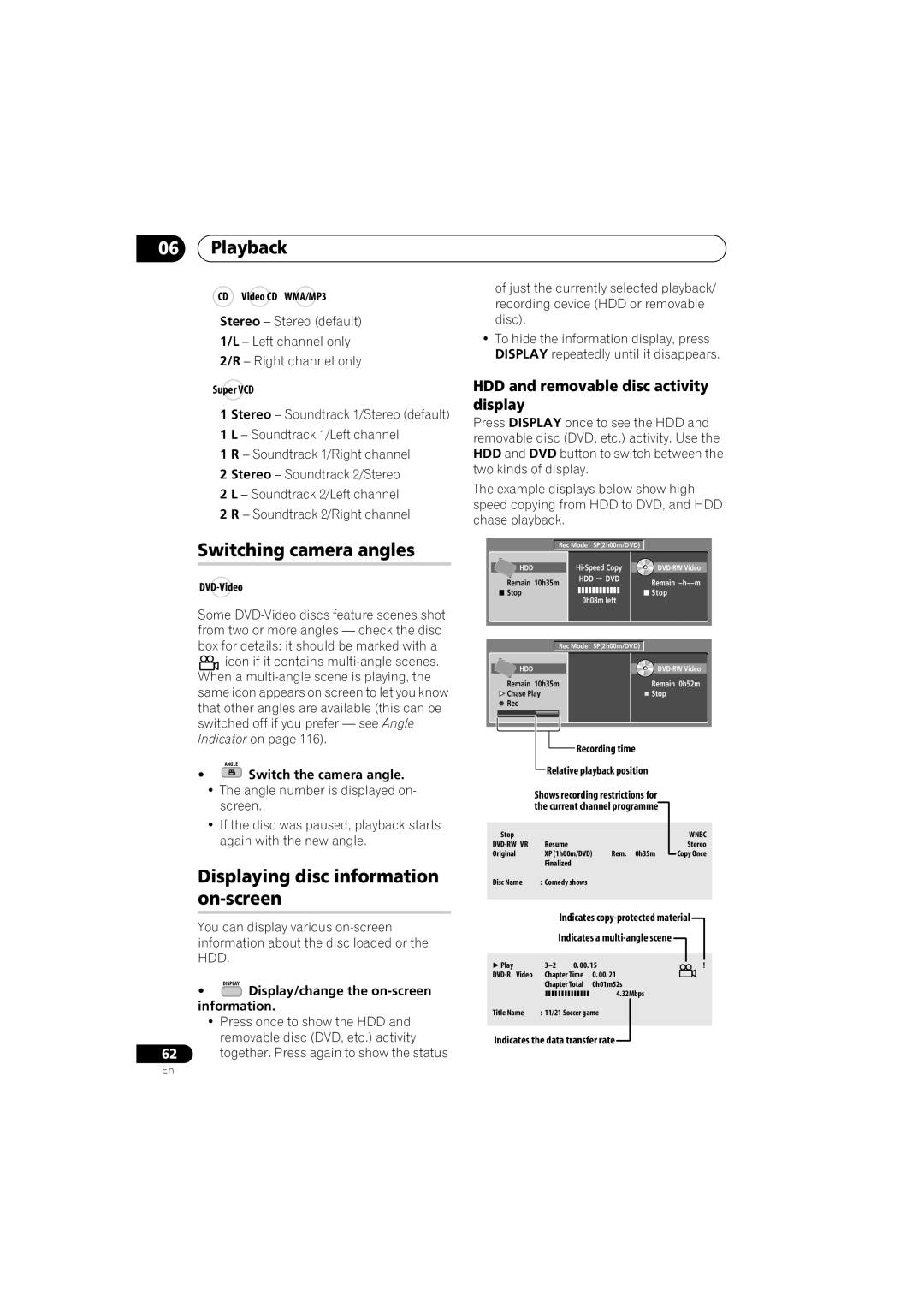 Pioneer DVR-LX70 Switching camera angles, Displaying disc information on-screen, HDD and removable disc activity display 