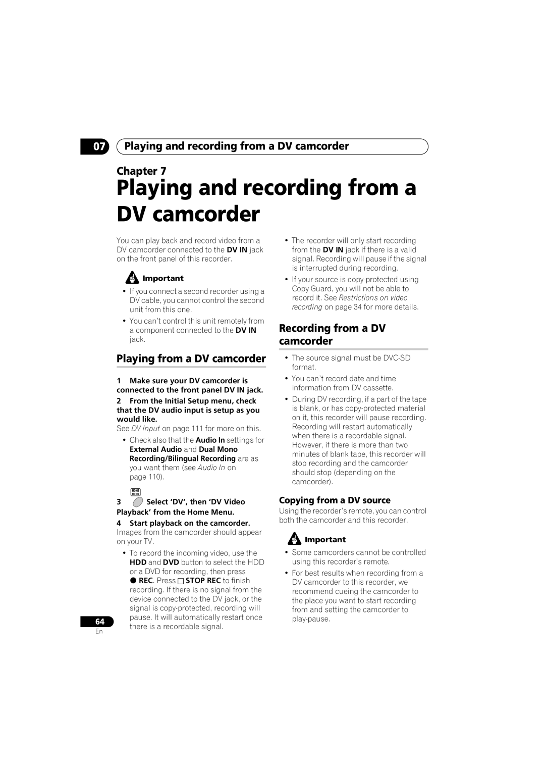 Pioneer DVR-LX70 manual Playing and recording from a DV camcorder Chapter, Playing from a DV camcorder 