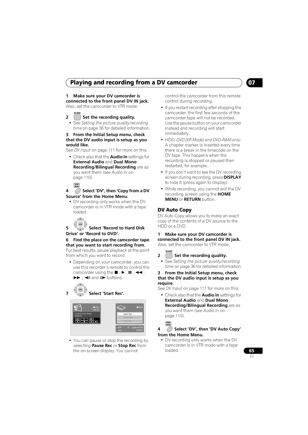 Pioneer DVR-LX70 manual Playing and recording from a DV camcorder, DV Auto Copy, Select ‘Start Rec’ 