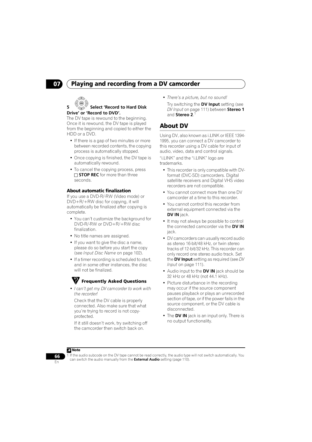 Pioneer DVR-LX70 manual About DV, About automatic finalization, Drive’ or ‘Record to DVD’, There’s a picture, but no sound 