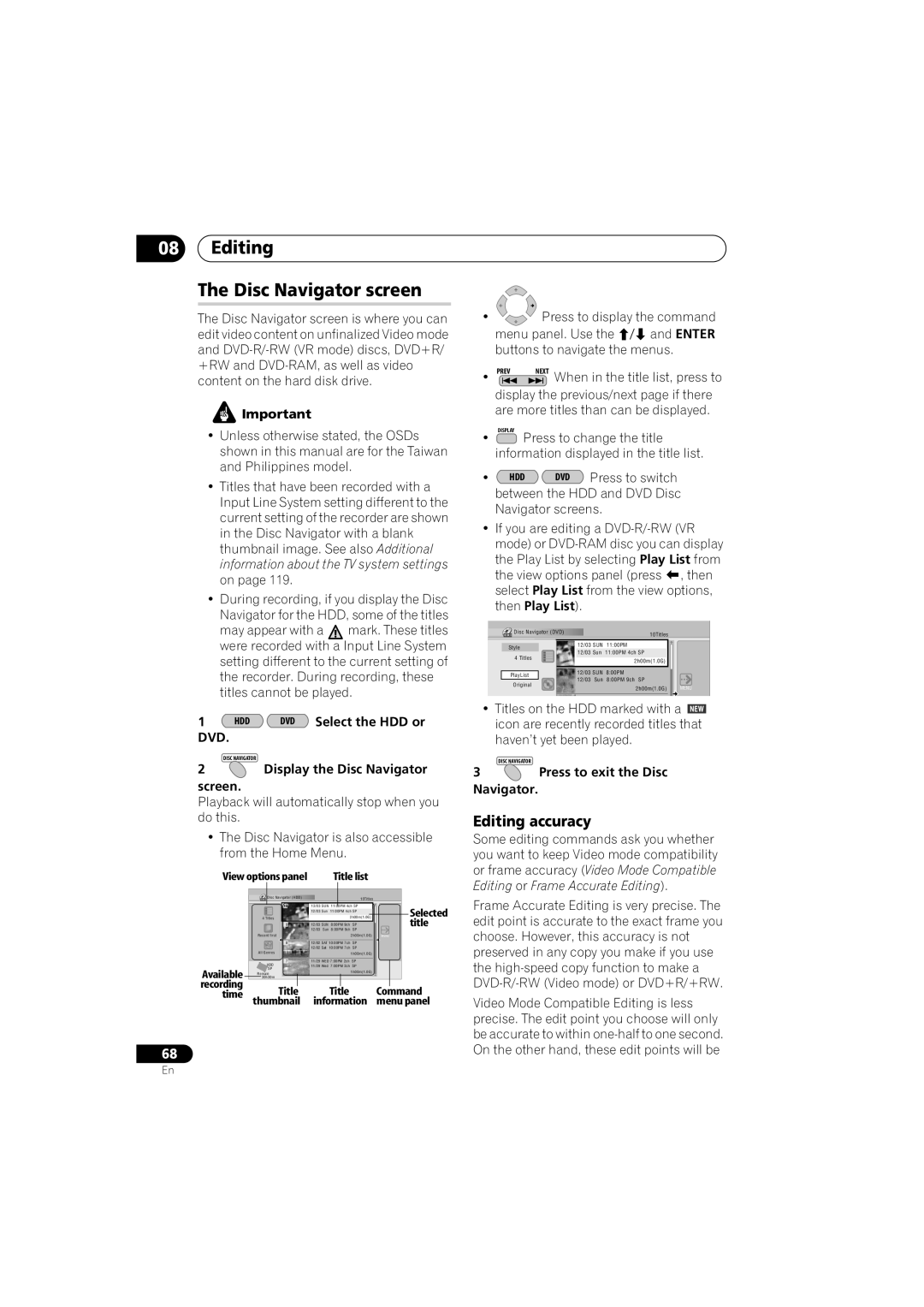 Pioneer DVR-LX70 manual Editing Disc Navigator screen, Editing accuracy 