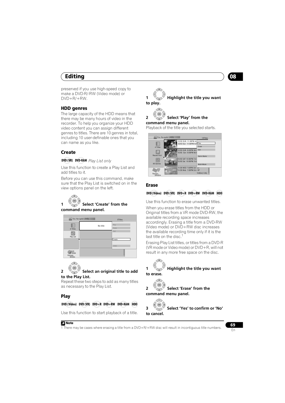 Pioneer DVR-LX70 manual Editing, HDD genres, Create, Erase, Play 