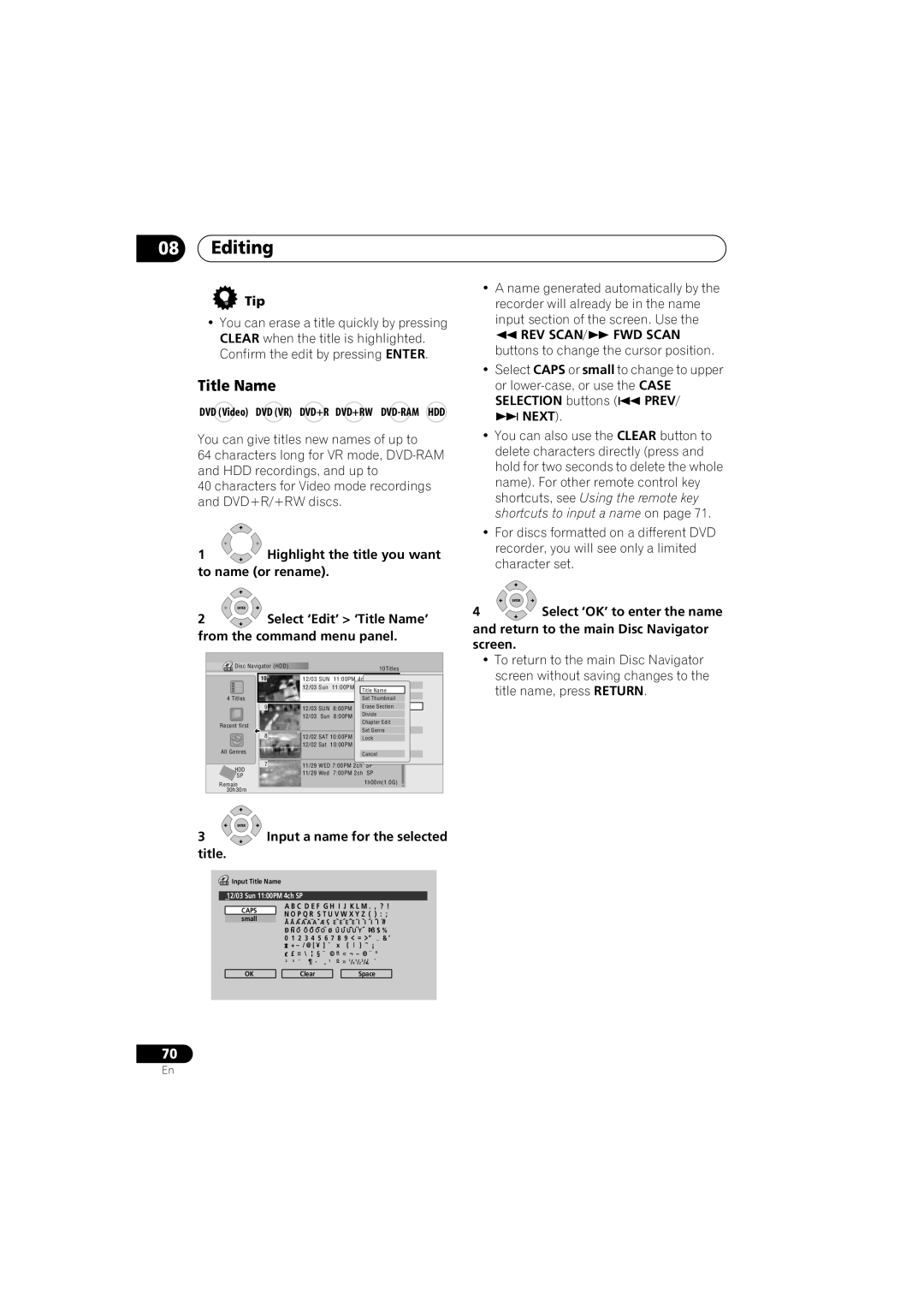 Pioneer DVR-LX70 manual Title Name 