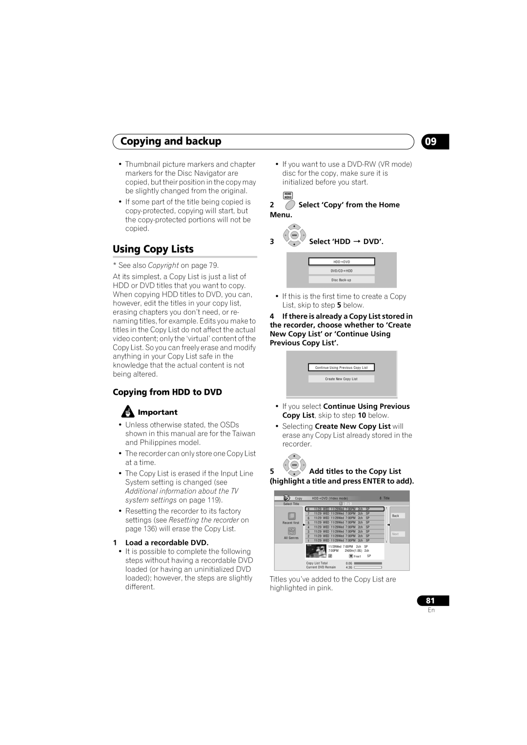 Pioneer DVR-LX70 manual Using Copy Lists, Copying from HDD to DVD 