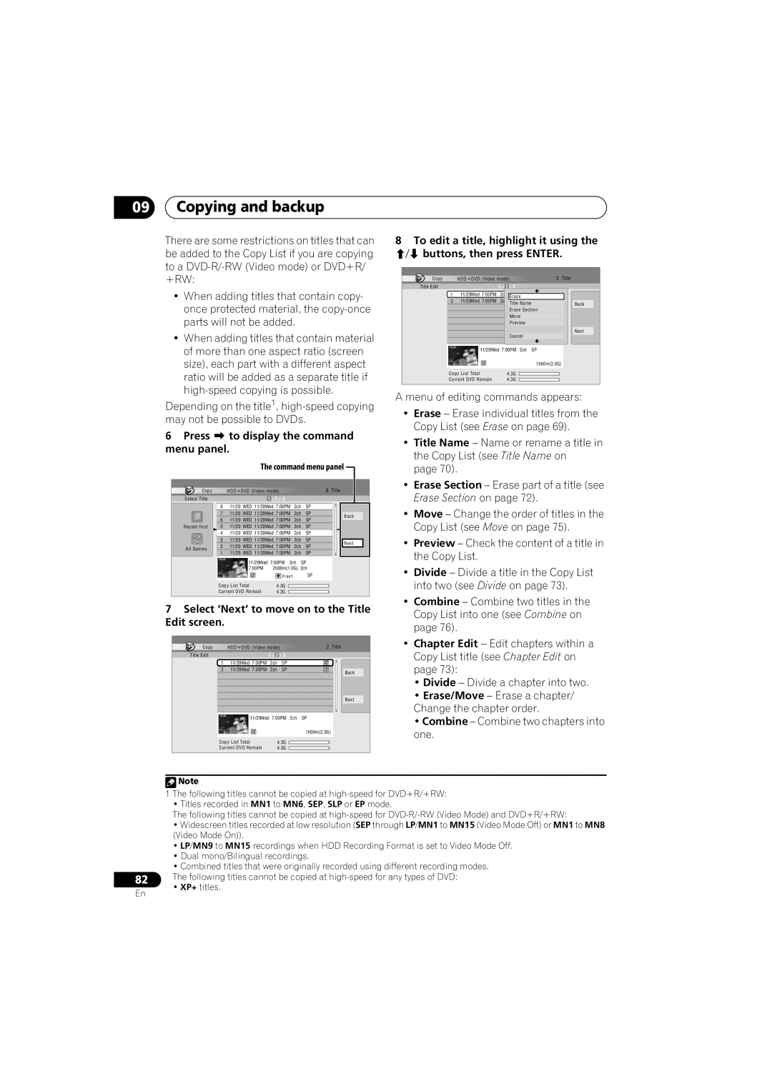 Pioneer DVR-LX70 manual To edit a title, highlight it using, / buttons, then press Enter, Press  to display the command 