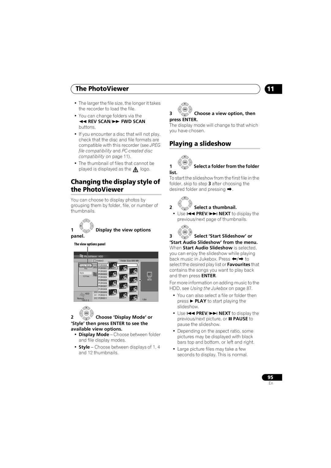 Pioneer DVR-LX70 manual Changing the display style of the PhotoViewer, Playing a slideshow 