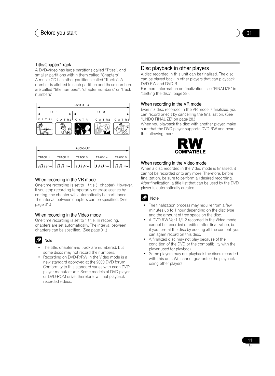 Pioneer DVR-RT300 Before you start, Disc playback in other players, Title/Chapter/Track, When recording in the VR mode 