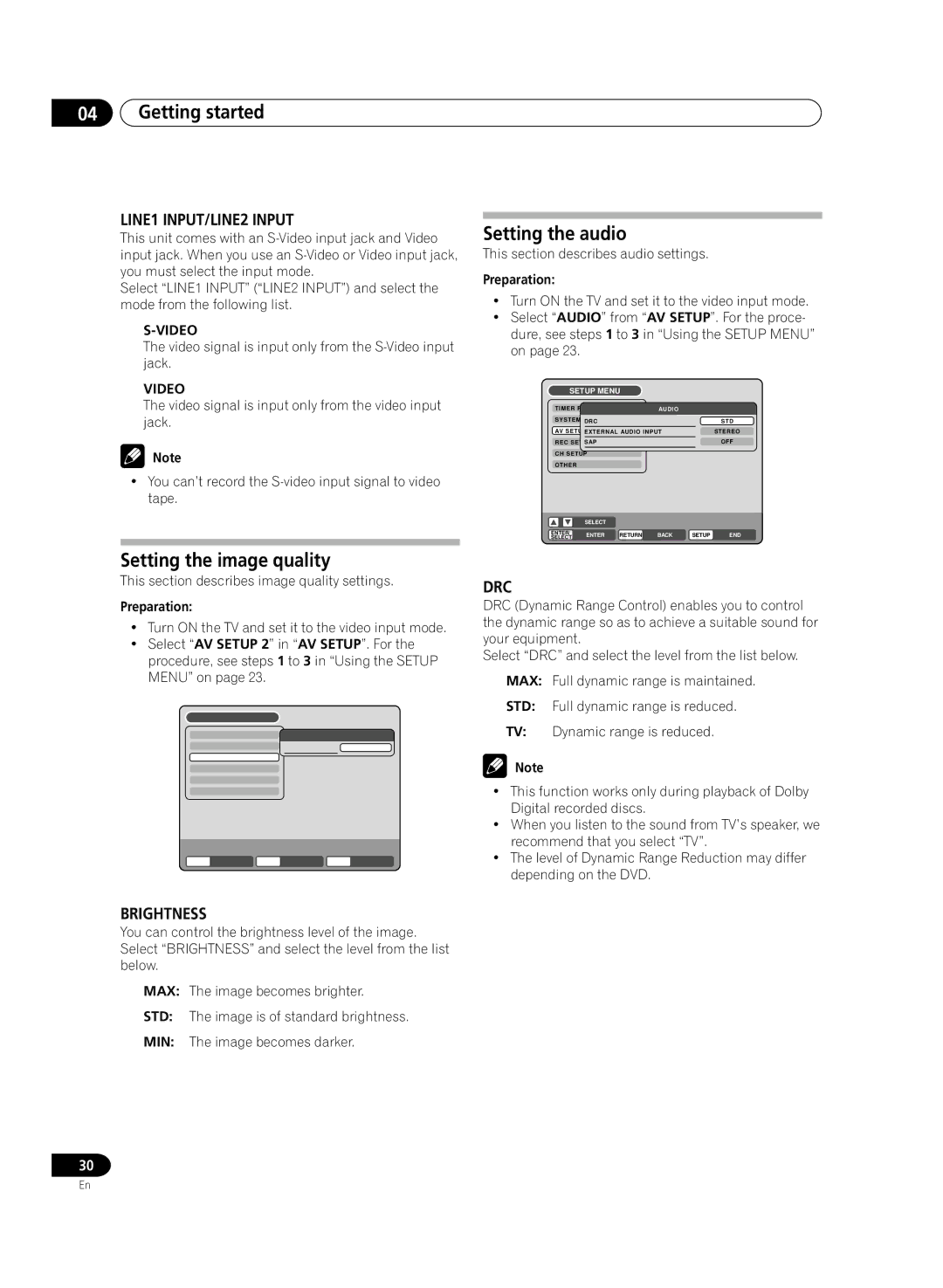 Pioneer DVR-RT300 manual Setting the image quality, Setting the audio, LINE1 INPUT/LINE2 Input, Brightness, Drc 