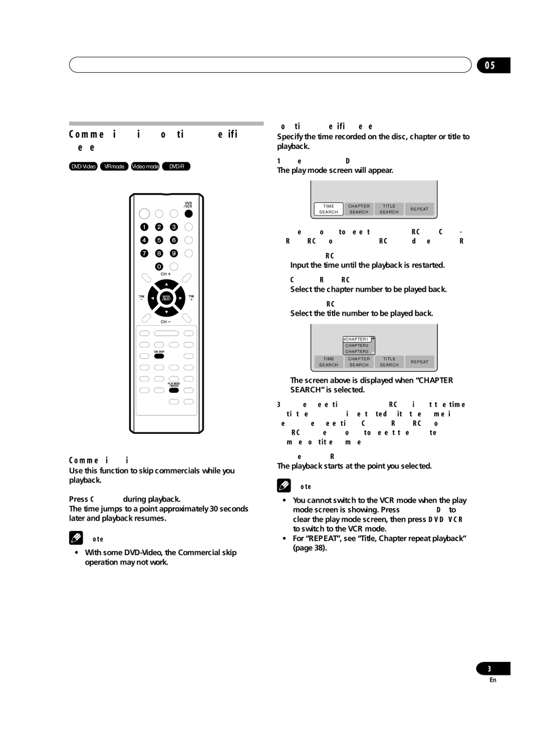 Pioneer DVR-RT300 manual Playback Commercial skip / Locating a specific scene 