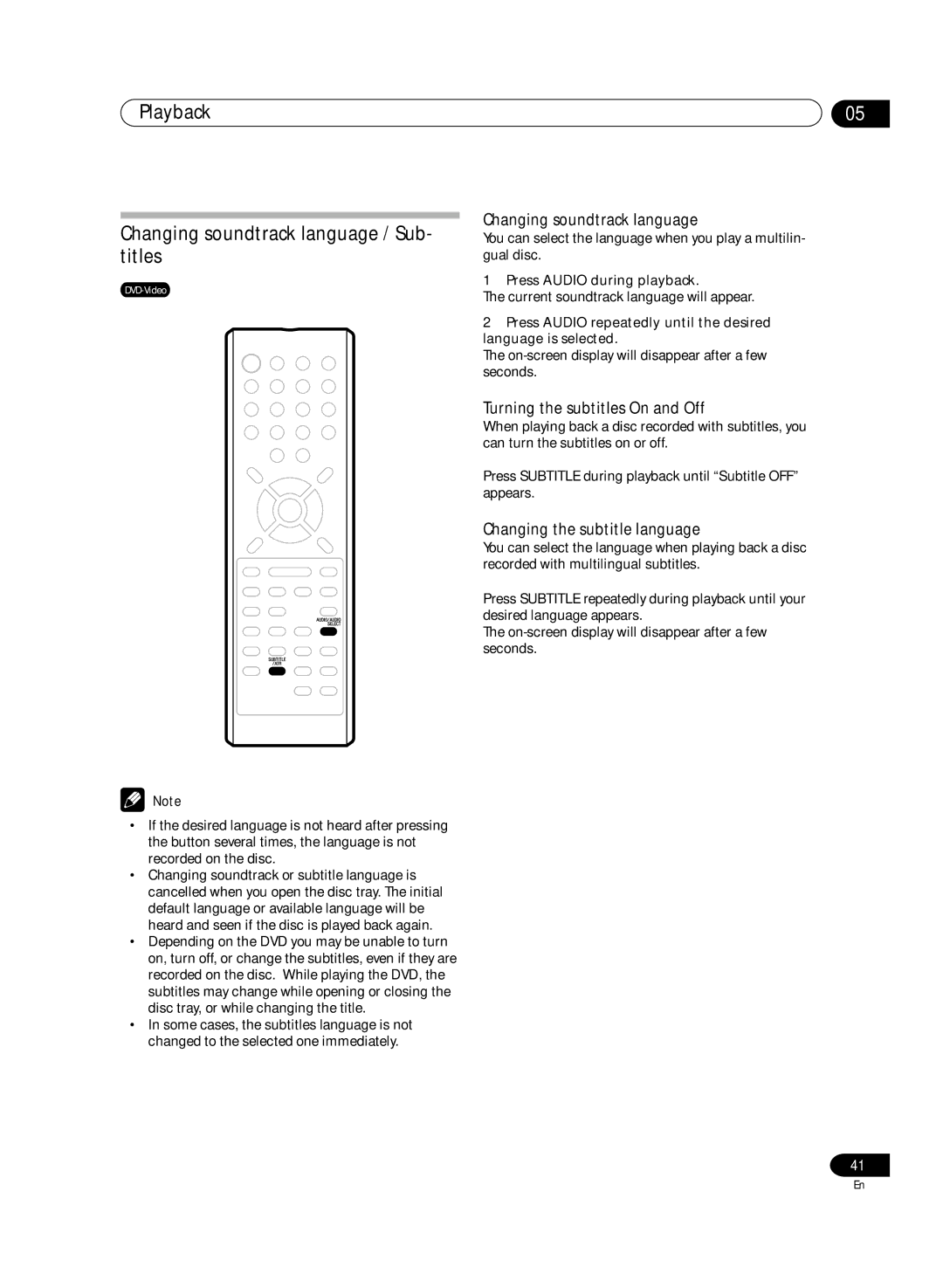 Pioneer DVR-RT300 manual Playback Changing soundtrack language / Sub- titles, Turning the subtitles On and Off 