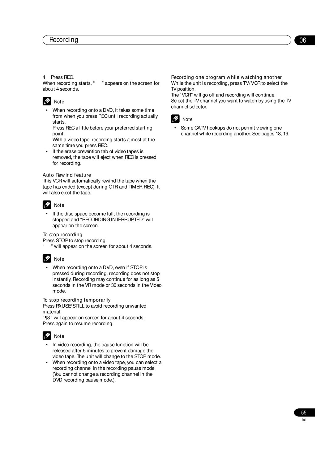 Pioneer DVR-RT300 manual Press REC, Auto Rewind feature, To stop recording temporarily 