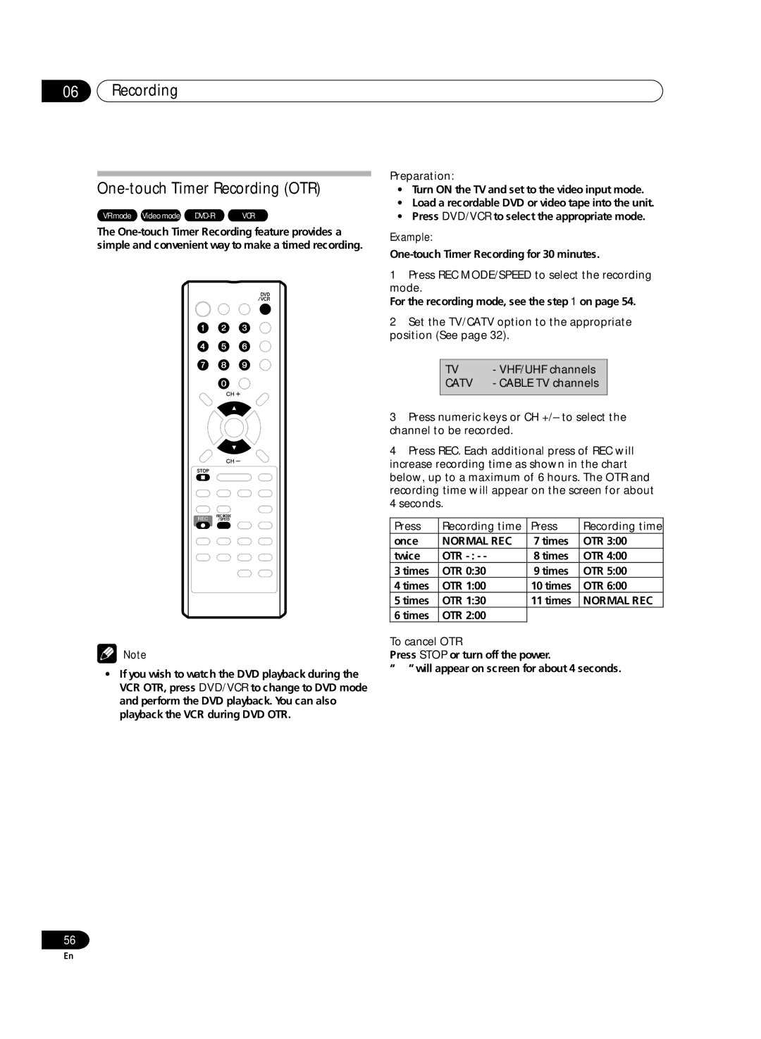 Pioneer DVR-RT300 manual Recording One-touch Timer Recording OTR, Example, Seconds Press Recording time, To cancel OTR 